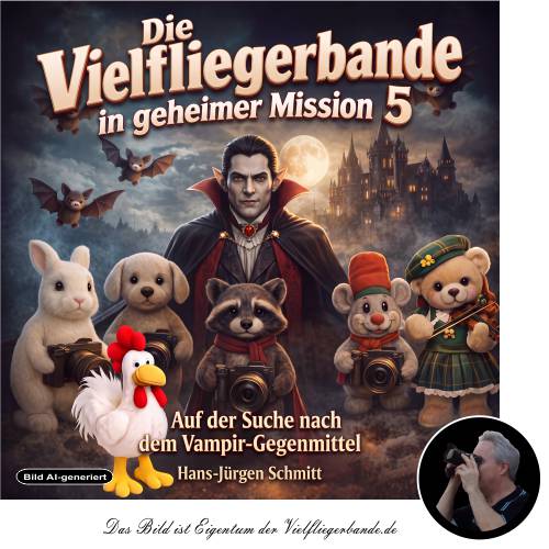 KI-generiertes Bild - Die Vielfliegerbande - In geheimer Mission 5 - Auf der Suche nach dem Vampir-Gegenmittel
